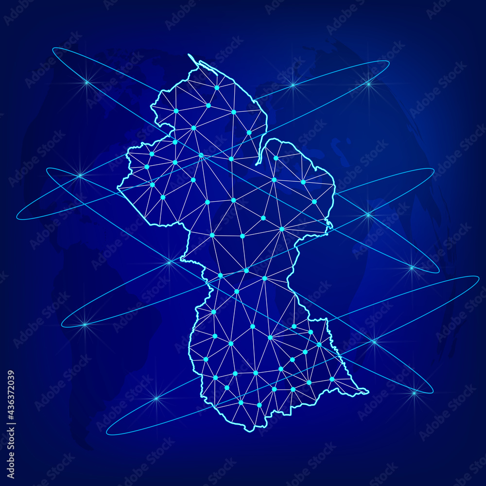 Global logistics network concept. Communications network map Guyana on the world background. Map of  Guyana  with nodes in polygonal style. EPS10. 