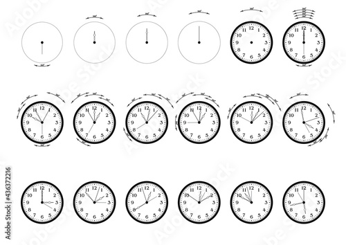 Rotating alarm hand, hour hand, minute hand, second hand, dial. Clock assembly kit. Examples of turning hands at different times. Vector illustration.