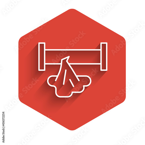 White line Broken metal pipe with leaking water icon isolated with long shadow. Red hexagon button. Vector