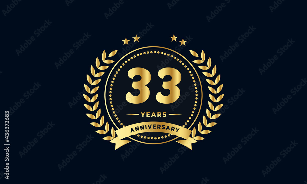 33th golden anniversary logo, with shiny ring and golden ribbon, laurel wreath isolated on navy blue background 33th golden anniversary logo, with shiny ring and golden ribbon, laurel wreath isolated on navy blue background