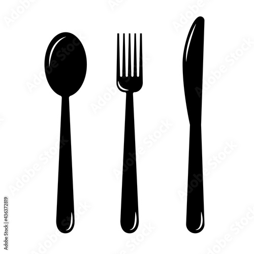 Cutlery set. Spoon, knife and fork. Kitchen tools icon set. Vector isolated illustration on white background