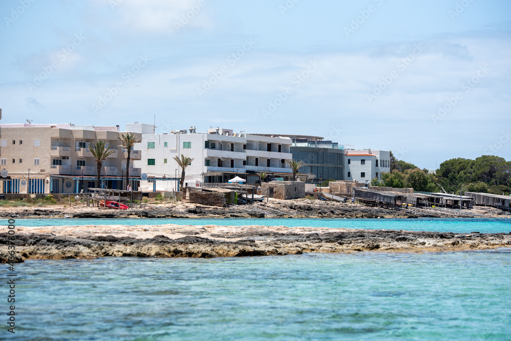 View on the beach of Es Pujols in Formentera in summer 2021.