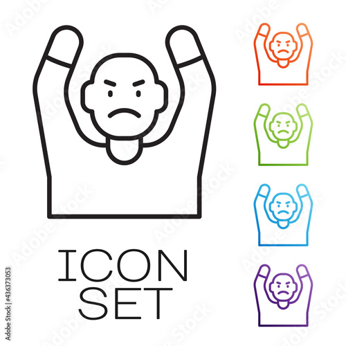 Black line Thief surrendering hands up icon isolated on white background. Man surrendering with both hands raised in air. Set icons colorful. Vector