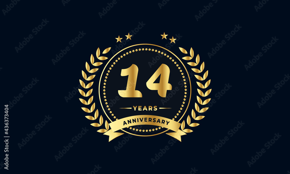 14th golden anniversary logo, with shiny ring and golden ribbon, laurel wreath isolated on navy blue background 14th golden anniversary logo, with shiny ring and golden ribbon, laurel wreath isolated on navy blue background