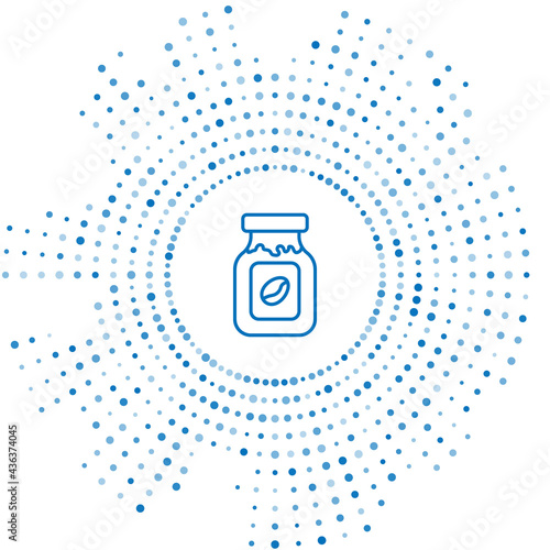 Blue line Coffee jar bottle icon isolated on white background. Abstract circle random dots. Vector