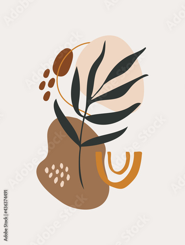 Modern abstract tropical wall art with various shapes, plant and doodle objects on pastel background. Vector minimalist hand drawn print in boho style. Mid century design