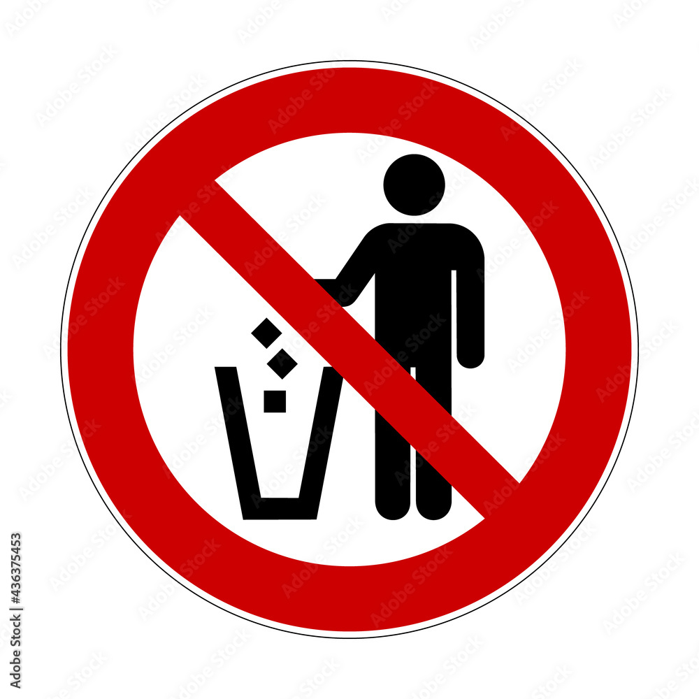 Do not litter sign. Red crossed out circle prohibition sign with man throwing rubbish in bin. Throwing trash symbol. Keep clean in public place concept. Do not litter sign. Red crossed out circle prohibition sign with man throwing rubbish in bin. Throwing trash symbol. Keep clean in public place concept.