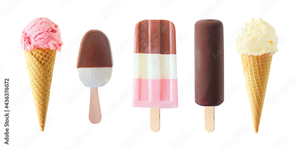 Set of unique summer popsicle and ice cream treats isolated on a white background. Chocolate, strawberry and vanilla flavors. Set of unique summer popsicle and ice cream treats isolated on a white background. Chocolate, strawberry and vanilla flavors.