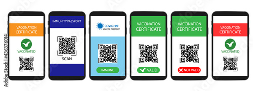 Vaccination certificate or vaccine passport in smartphone screen. Mobile phone with immune digital health passport . Covid-19 immunity passport.Vacation and travel concept .Vector isolated on white.