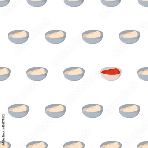 Hand drawn seamless pattern with mayonnaise and tomato ketchup and in bowl for background design. Vector isolated illustration.