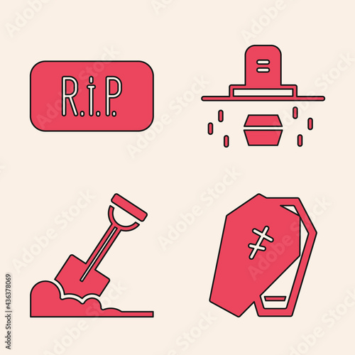 Set Coffin with cross, Speech bubble rip death, Grave with coffin and Shovel in the ground icon. Vector