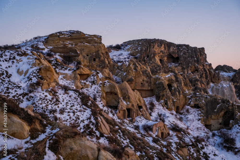 Cappadocia, Anatolia, Turkey. Open air museum, Goreme national park at sunset time. February 2021