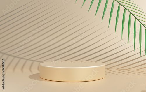 Luxury gold 3D background with shadows leaf coconut podium geometric shapes circle  pedestal on one floors Curved wall the platform for cosmetic  product presentation  discount   rendering.