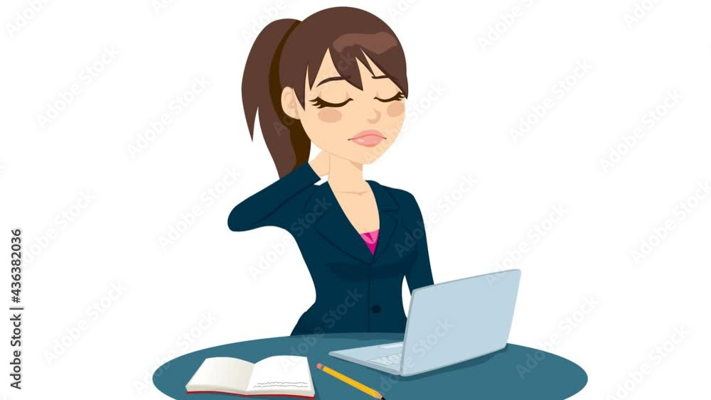Brunette office worker suffering neck pain massaging neck with her hand while on desk, HD cartoon animation, matte alpha included Brunette office worker suffering neck pain massaging neck with her hand while on desk, HD cartoon animation, matte alpha included