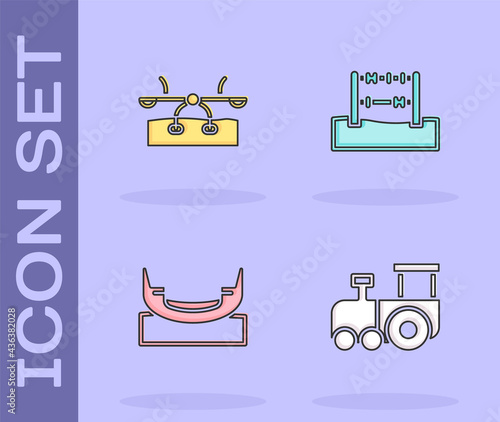 Set Toy train, Seesaw, Boat swing and Abacus icon. Vector