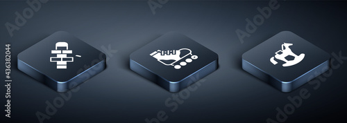 Set Isometric Hopscotch, Horse in saddle swing and Roller skate icon. Vector