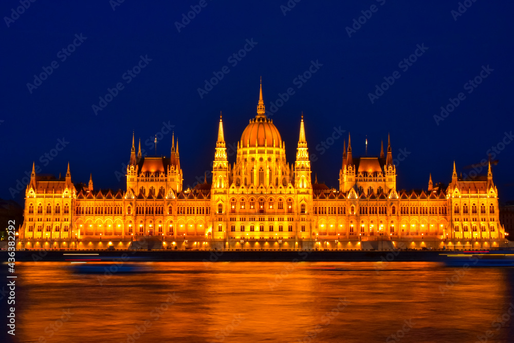 Long exposure shot of The Hungarian Parliament Building at night