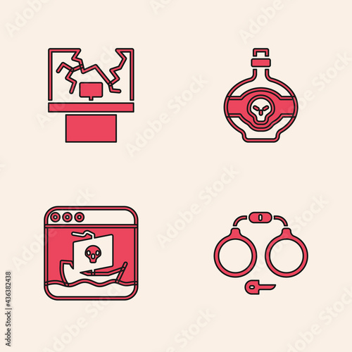 Set Handcuffs, Broken window, Poison bottle and Internet piracy icon. Vector