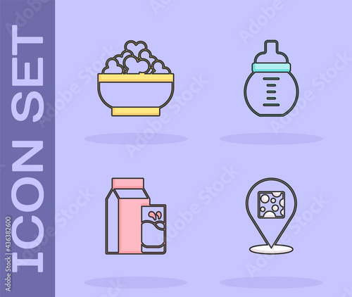 Set Cheese, Cottage cheese, Paper package for kefir and Baby milk in bottle icon. Vector