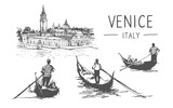 Italian gondolas and gondoliers in Venice. Vector Set of Venice sketch. Liner sketch of gondoliers. Graphic illustration. Sketch in black color isolated on white background. Hand drawn travel sketch. 