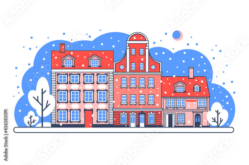 Stock vector flat Illustration. Historical buildings in winter. Colorful old town. Travel landmark. Stylized flat illustration of an old European city. Happy New Year.  photo