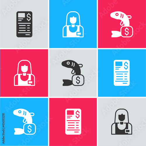 Set Paper or financial check, Seller and Price tag for fish icon. Vector