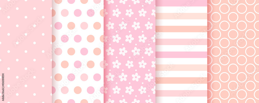 Baby pattern. Baby girl seamless background. Pink textile print. Vector. Set of kids pastel geometric textures. Cute childish backdrop with polka dots, stripes and flowers. Modern illustration.