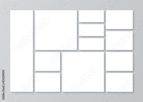 Moodboard layout. Photo collage. Vector. Pictures grid. Mosaic frames. Mood board background. Photography album template. Empty gallery mockup. Branding presentation. Minimalistic illustration