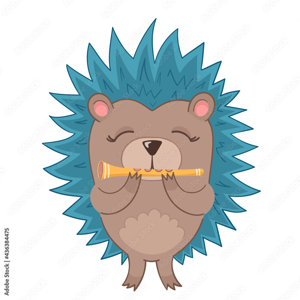 Flat illustration cute hedgehog in cartoon style with flute on green grass on white isolated background. Decor in the nursery.