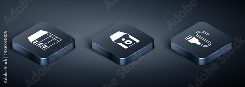 Set Isometric Server, Data, Web Hosting, USB cable cord and Uninterruptible power supply icon. Vector