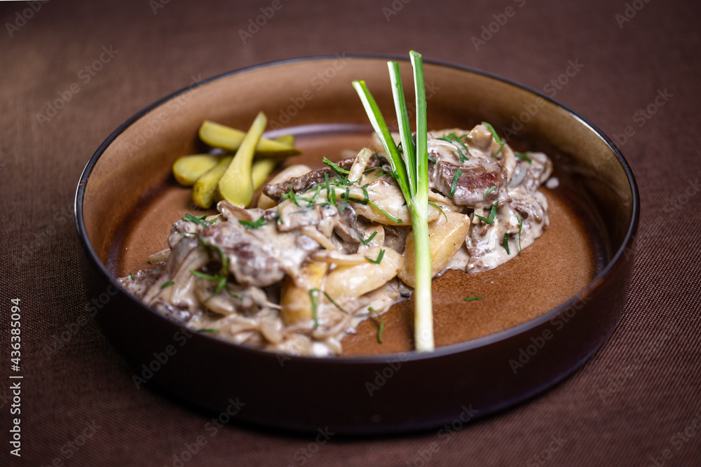 snack for vodka. meat with potatoes, green onion and pickled cucumber snack for vodka. meat with potatoes, green onion and pickled cucumber