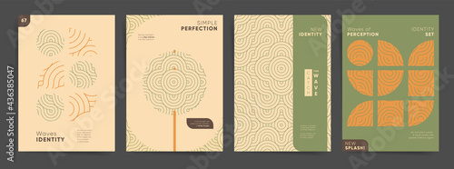 Modern art poster template set. Asian geometric wavy design background for poster, cover, brochure, banner. Modern simple backdrop. Abstract mosaic shapes, japanese wave lines, artistic design set.