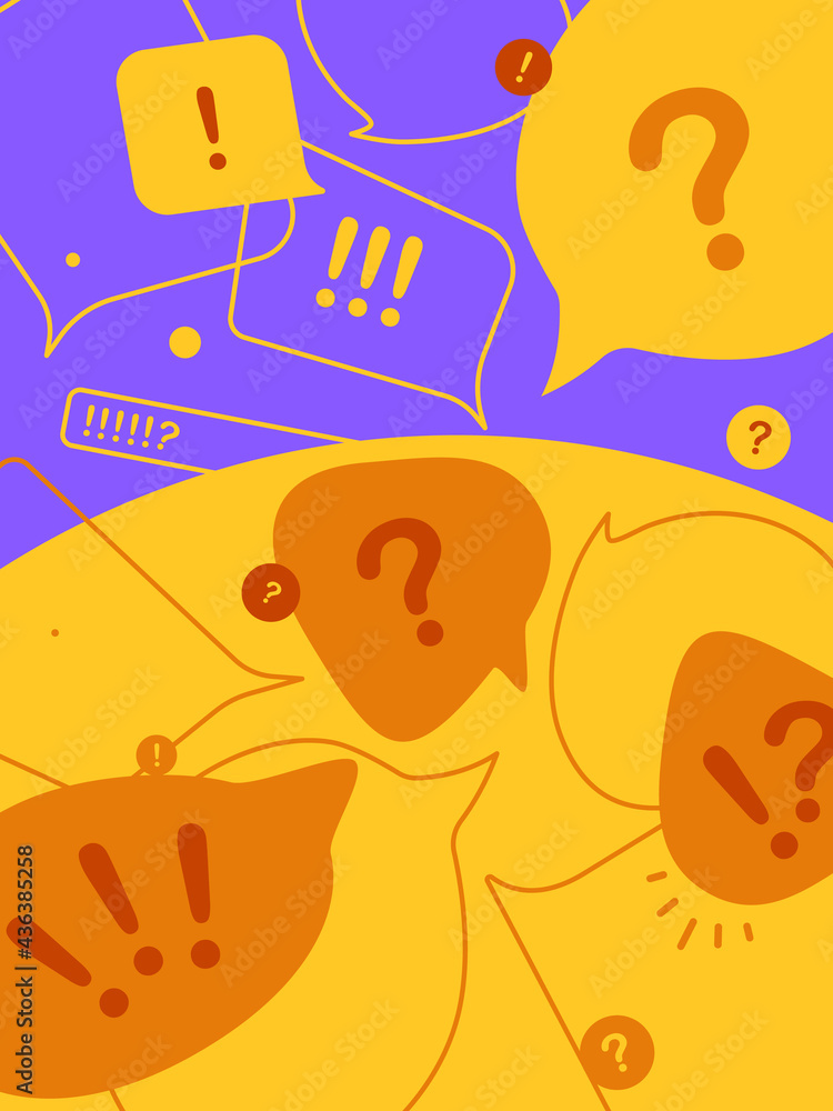 News update, flat vector concept with speech bubbles on bright contrast yellow and violet background. Urgent news, information overload, messaging, alerts and communication News update, flat vector concept with speech bubbles on bright contrast yellow and violet background. Urgent news, information overload, messaging, alerts and communication