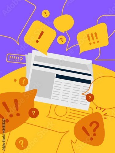 Newspaper news update, flat vector concept with speech bubbles isolated on bright  contrast yellow and violet background. Urgent news, information overload, messaging, alerts and communication.