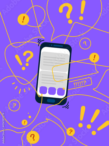 Online News update, flat vector concept with speech bubbles isolated on bright contrast yellow and violet background. Urgent news, information overload, messaging, alerts and communication.