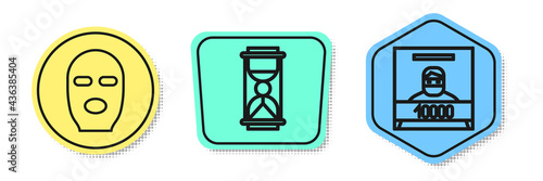 Set line Thief mask, Old hourglass with sand and Wanted poster. Colored shapes. Vector