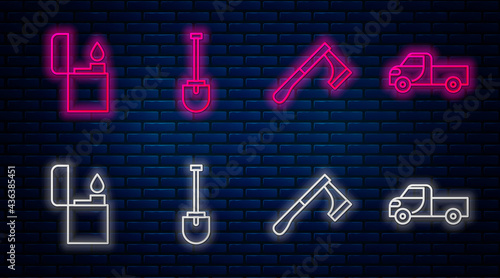 Set line Shovel, Wooden axe, Lighter and Pickup truck. Glowing neon icon on brick wall. Vector