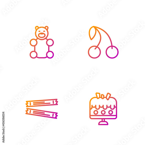 Set line Cake on plate, Sugar stick packets, Jelly bear candy and Cherry. Gradient color icons. Vector