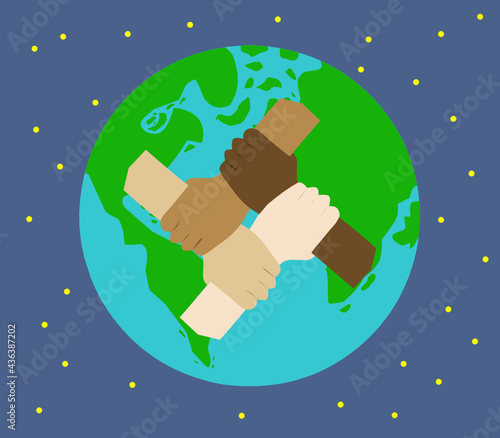 Vector illustration of hand in hand united against earth background