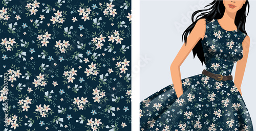 Seamless vector vintage floral pattern for gift wrap, fabric, cover and interior design with flowers. And example of usage with mock up pattern 
