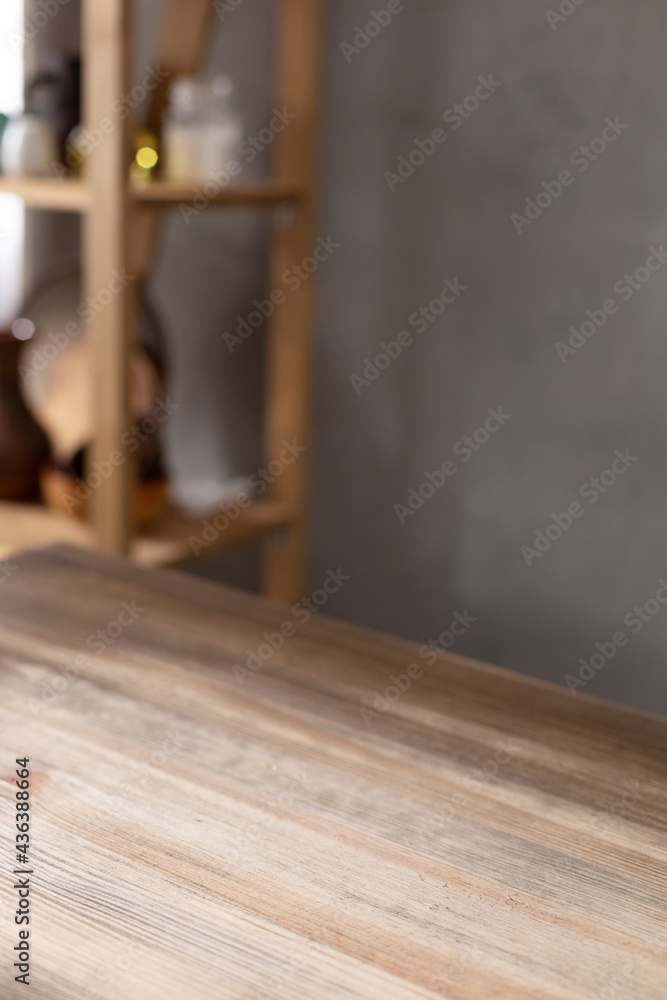 Empty kitchen counter as wooden tabletop. Wooden top table