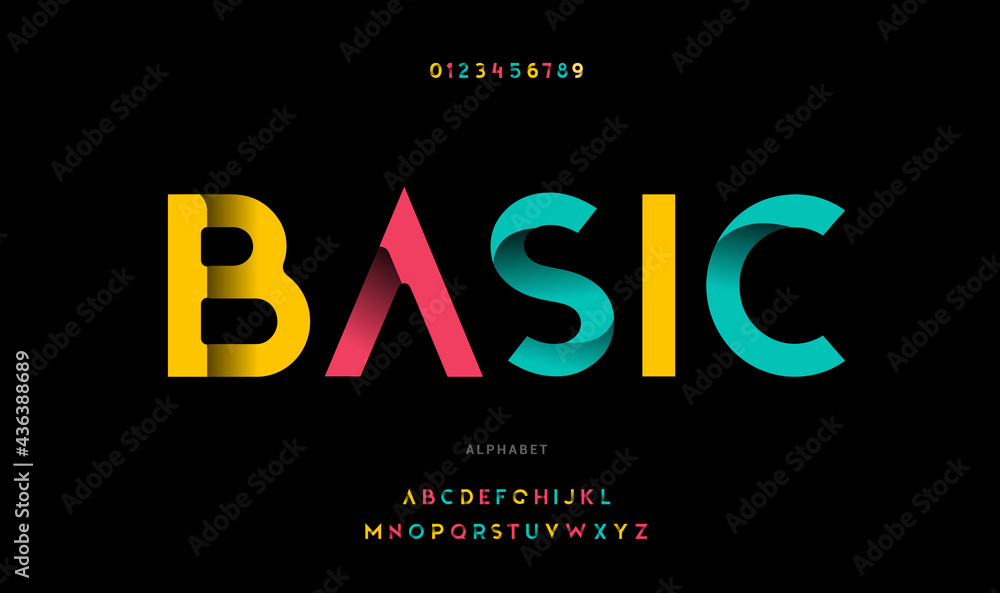 Modern bright colorful font, alphabet letters and numbers Modern bright colorful font, alphabet letters and numbers