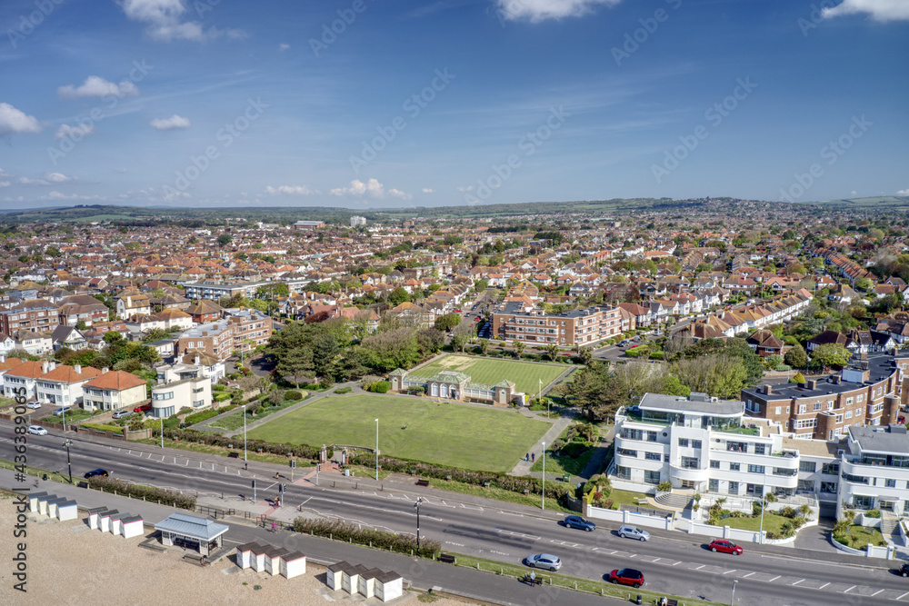 Worthing Marine Gardens and Winchelsea Garden on the seafront of West Worthing in West Sussex England. Aerial view.