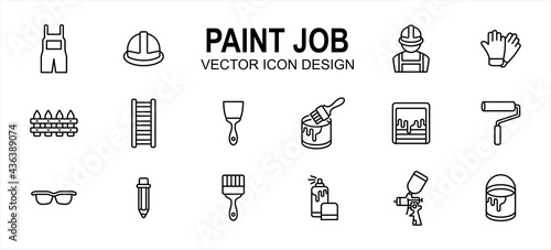 Paint job construction related vector icon user interface graphic design. Contains such icons as wear pack, uniform, helmet, labor, worker, glove, ladder, hand brush, roller, mixer, sprayer, bucket