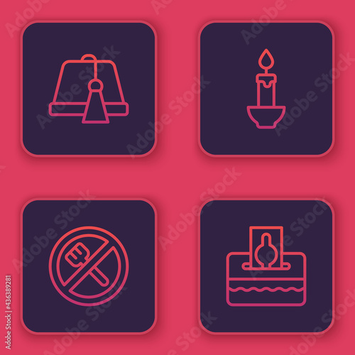 Set line Turkish hat, Ramadan fasting, Burning candle and Donate or pay your zakat. Blue square button. Vector