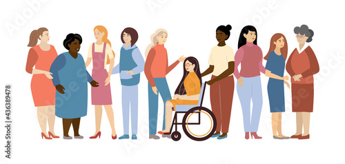 Diverse international and interracial group of standing women. Girls power concept, feminism ideas, woman empowerment and role cards design.