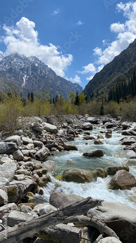 A beautiful mountain landscape and a mountain, fast river flows over large stones.