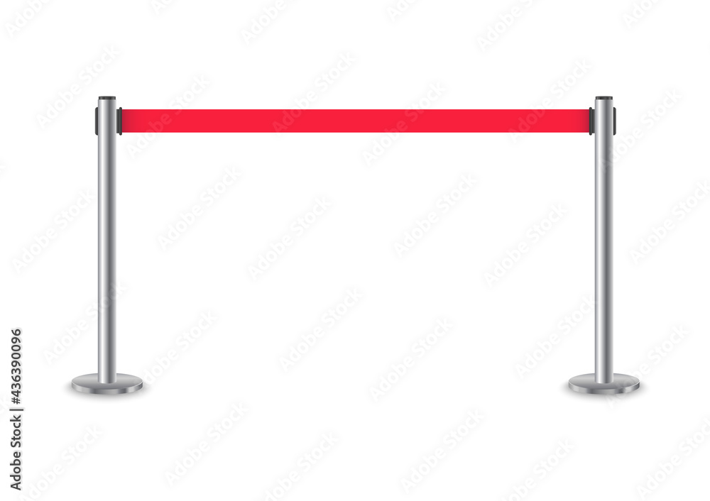 Retractable stanchion with red tape. Red fencing tape. Realistic metal barrier for vip zone, security zone, closed event, exclusive entrance and for crowd control. Vector illustration. Retractable stanchion with red tape. Red fencing tape. Realistic metal barrier for vip zone, security zone, closed event, exclusive entrance and for crowd control. Vector illustration.