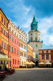 Trinity (Trynitarska) tower and cozy street of city Lublin, Poland, Europe