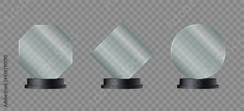 Glass trophies. Realistic crystal awards or acrylic prizes. Winner glass cups on stand. Vector illustration.